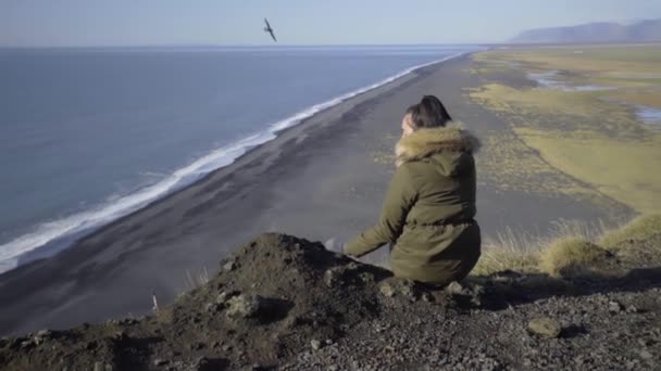 Een meisje zit op de rand van een klif en kijkt naar de zee. Een vogel vliegt over een klif Rechtenvrije Stockvideo's