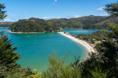 Abel Tasman Milli Parkı turkuaz su ile uzun bir plaj Amazing görünümü, Yeni Zelanda.