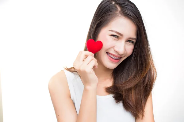 Cute attractive young woman with red heart. Valentine's day art — Stock Photo, Image