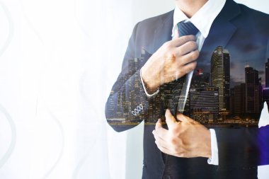 Çift pozlama İnsanlar, iş, moda ve giyim konsepti - 