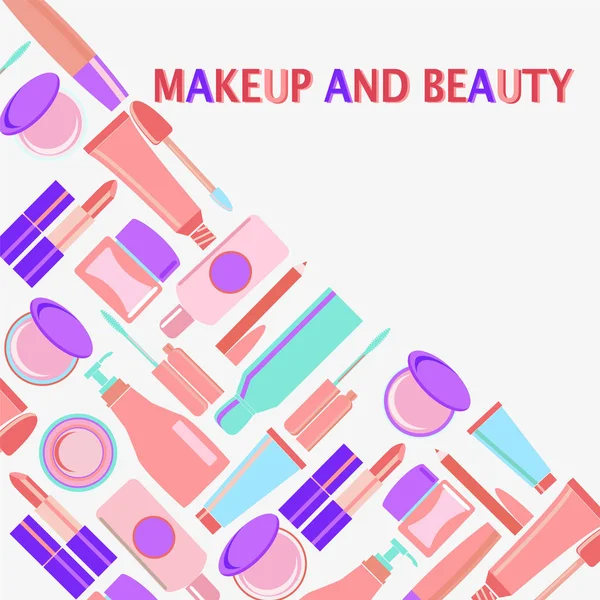 Maquillaje Belleza Símbolos Cosméticos Fondo Moda Con Objetos Lápiz Labial — Vector de stock