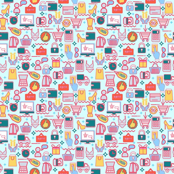 Renkli alışveriş simgeleri, perakende, online ödeme, sorunsuz vektör desen renkli alışveriş simgeleri ile vektör düz doğrusal stili arka plan. 