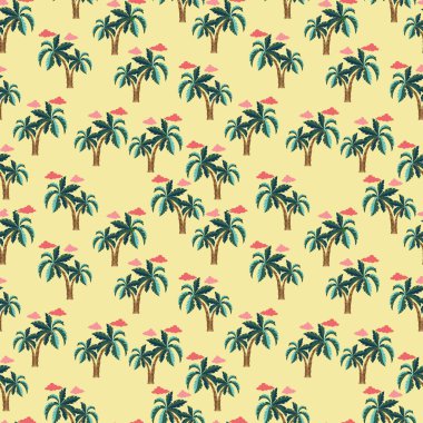 Tropik, pürüzsüz, palmiye ağaçları ve bulutlar. Sarı arkaplanda vektör illüstrasyonu