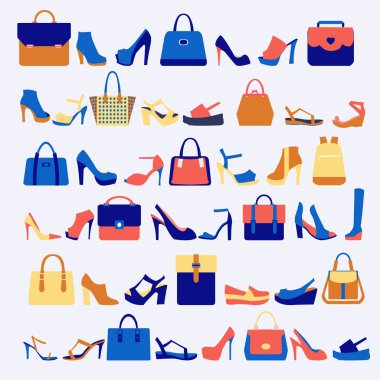 Aksesuarlar moda çanta ve ayakkabılar illüstrasyon vektör Set simgeleri