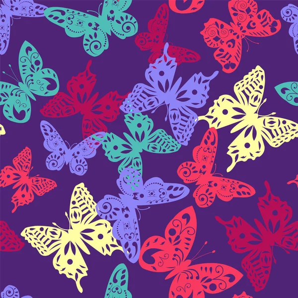 在紫罗兰色背景上的无缝彩色蝴蝶图案 矢量插图剪纸风格 — 图库矢量图片