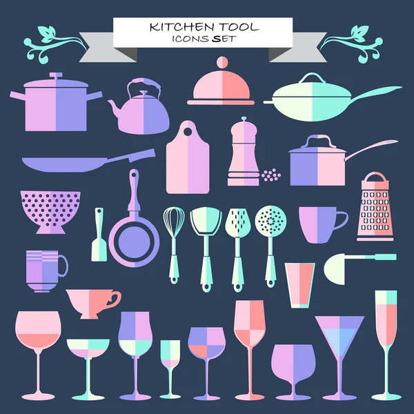 Vector Kitchenware Restaurant Glassware Icons Set Flat Design Silhouette — Stock Vector