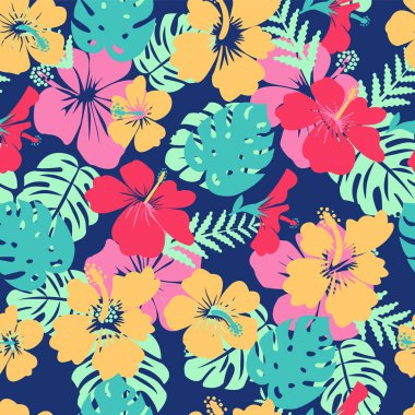 Tropikal desen bırakır ve hibiscus çiçek hawaii yaz arka plan çiçekler. Vektör çizim