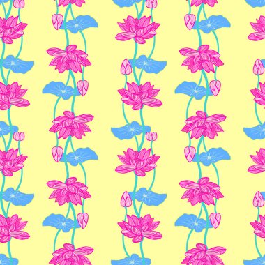 Vektör güzel lotus çiçek ve yaprakları elle çizilmiş arka plan. Botanik lotus çiçek seamlss deseni daveti veya tebrik kartı tasarımı için.