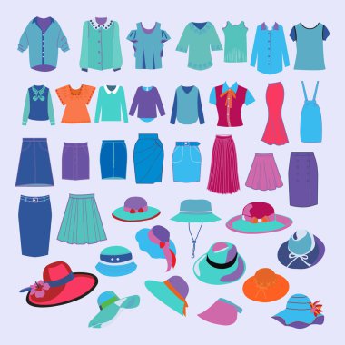 Farklı moda kumaş ve aksesuarları koleksiyonu ile ayarlayın. Vektör moda kadın gömlek, etek, şapka senin için tasarım.