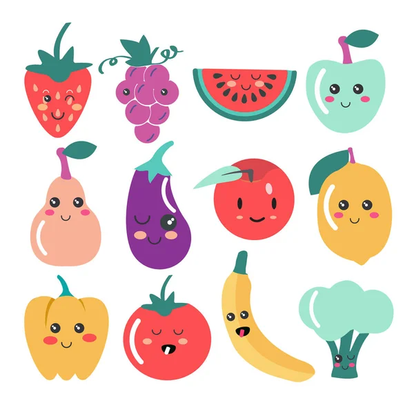 Cute Kawaii Ícones Frutas Vegetais Conjunto Vetorial Bonito Fruto Veg —  Vetores de Stock