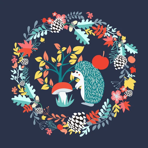 Fundo Bonito Com Hedgehog Queda Floresta Set Ilustração Conceito Estação — Vetor de Stock