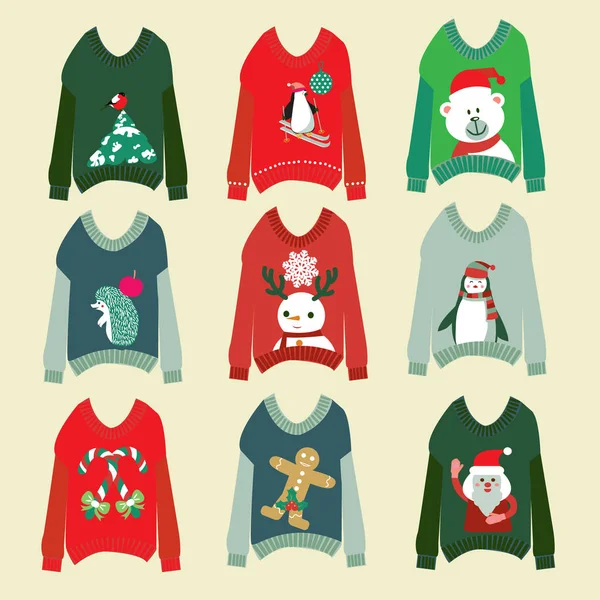 못생긴 크리스마스 스웨터 스웨터 파티 컬렉션 설정 — 스톡 벡터