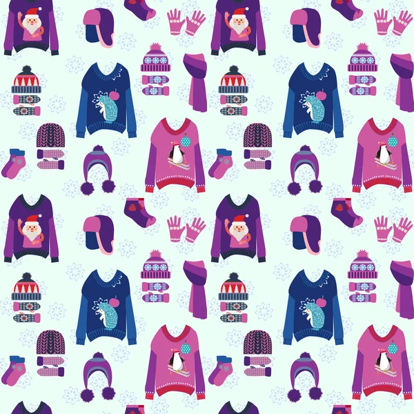 Christmas Background Cute Ugly Sweaters Collection Knitted Woolen Winter Hat — Stock Vector