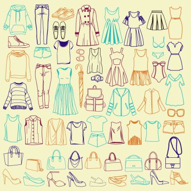 Elle çizilmiş moda kadın kıyafetleri ve aksesuarları ve koleksiyonu olan bir vektör seti. Tasarımda kullanmak için çizimler  
