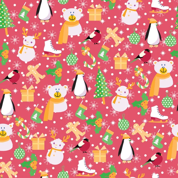 Boże Narodzenie Tło Santa Claus Bałwan Niedźwiedź Pingwin Choinka — Wektor stockowy