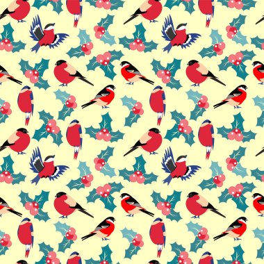 Yaprakları kutsal meyveler ve kuş ispinozu olan kusursuz bir Noel deseni. Mutlu noel koleksiyonu geçmişi. Doğal kış dokusu.  