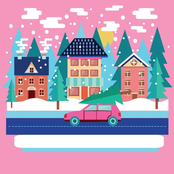 メリークリスマスとフラットモダンなスタイルで火災と冬の都市景観と冬の休日グリーティングカードのデザイン — ストックベクタ
