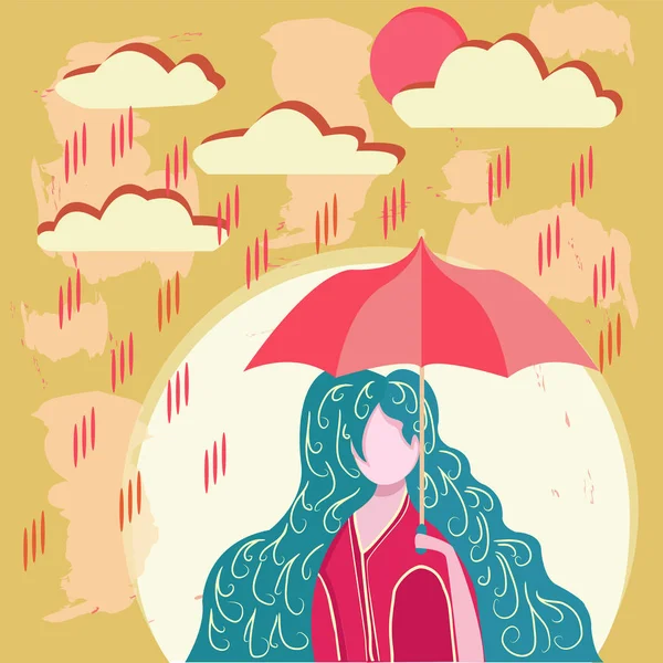 雨の日に傘を持っている女の子 キャラクターデザイン 季節のコンセプト ベクトルイラスト — ストックベクタ