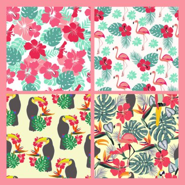 Vektör arka plan monstera yaprakları, tropik çiçekler ve kuşlar ile kümesi. Desenleri yaz tatil Tema Koleksiyonu.