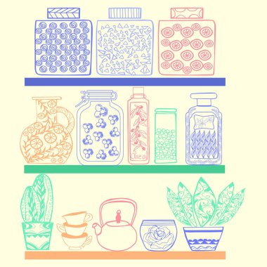  Tasarımınız için gerekli malzemelerle dolu mutfak veya kiler rafları. Kırsal stil mutfak karalama arka planı