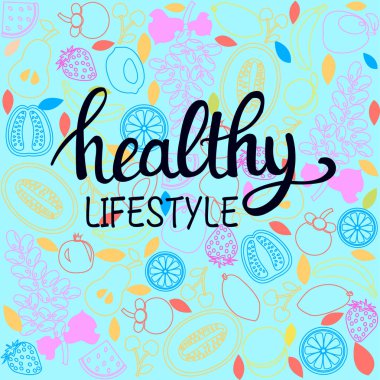 vektör arkaplan sağlıklı gıda afişi veya el çizimi meyveli afiş ve yeşil zeminde sağlıklı bir metin yaşam tarzı.