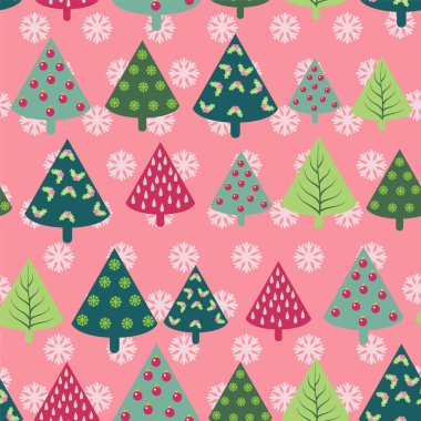 Kusursuz Noel şablonu - Noel ağaçları ve kar taneleri. Kış tatili için ilk yılınız kutlu olsun. 