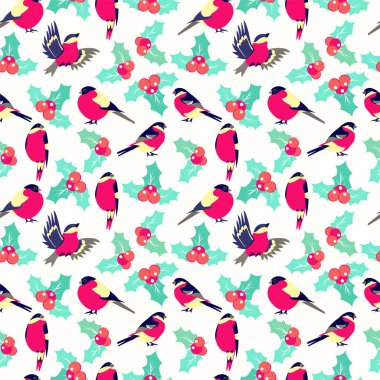 Yaprakları kutsal meyveler ve kuş ispinozu olan kusursuz bir Noel deseni. Mutlu noel koleksiyonu geçmişi. Doğal kış dokusu.  