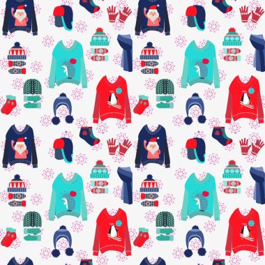 Şirin çirkin kazaklarla, örgü örülmüş kış şapkaları, atkılar, çoraplar ve eldiven çizimleri ile mutlu Noeller..  