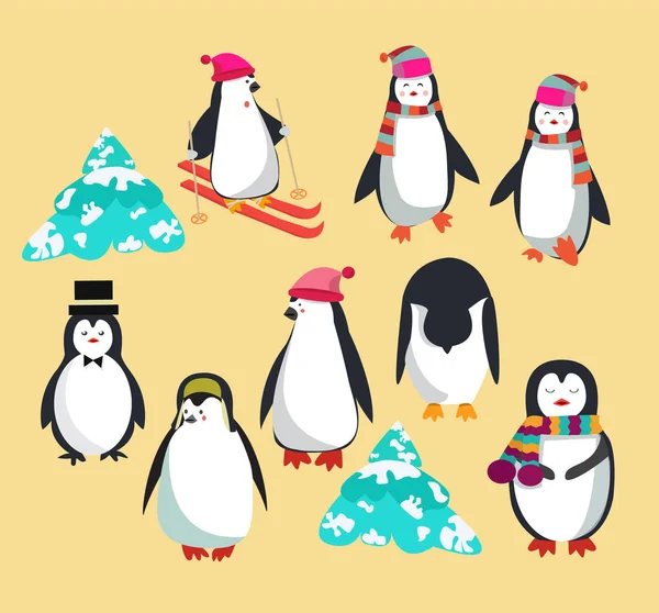かわいいペンギンのキャラクターとベクトルセット グリーティングカードのための極性ペンギンイラスト — ストックベクタ