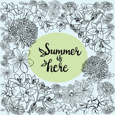 El çizimi güzel çerçeve çiçek çiçek çiçek vektör arkaplan ve harf metin Summer burada.