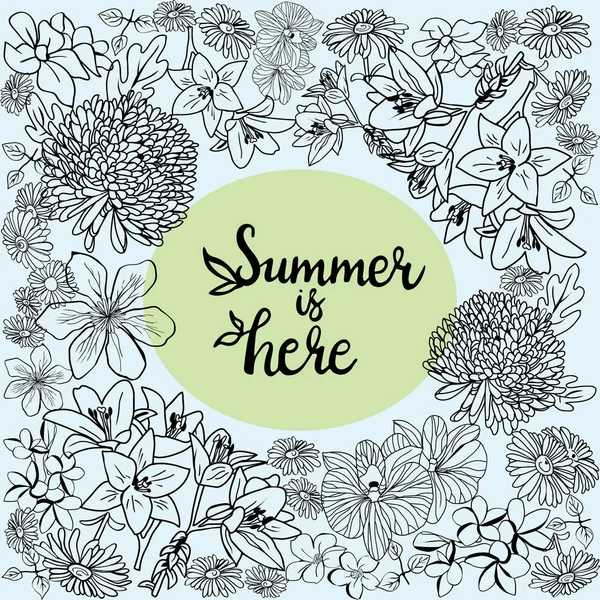 Handgezeichneter Schöner Rahmen Mit Skizze Blumen Blütenvektor Hintergrund Und Schriftzug — Stockvektor