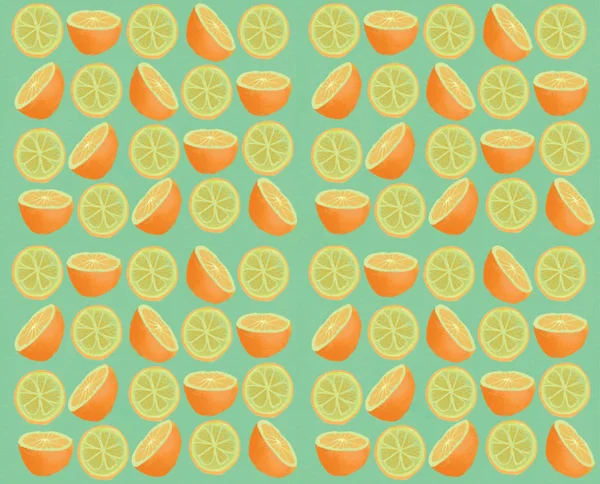 Texture illustration with sliced orange on green background. — Stock Photo, Image