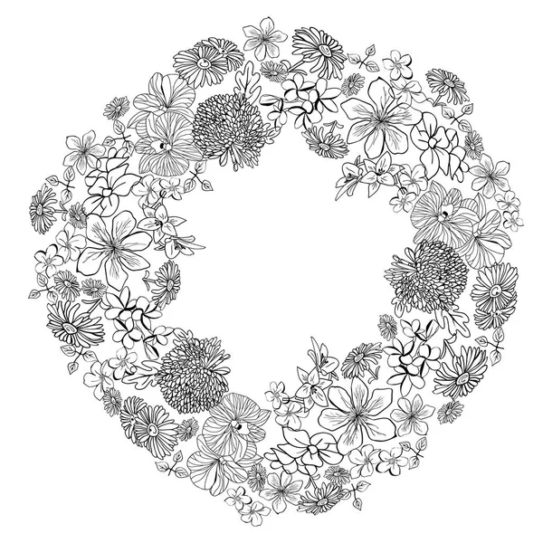 Corona Hermosa Dibujada Mano Con Flores Boceto Florecen Fondo Blanco — Vector de stock