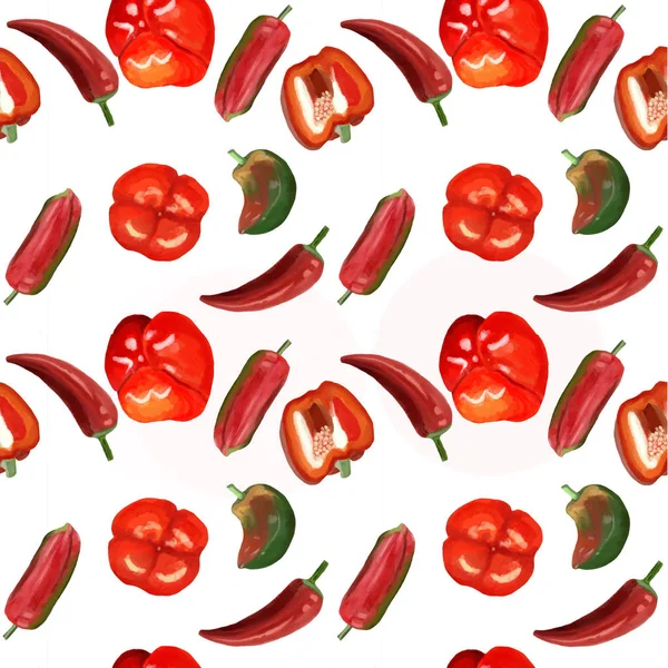 watercolor pattern of red and green sweet peppers and red hot chili peppers. Bell peppers paprika  pattern at white background illustration.