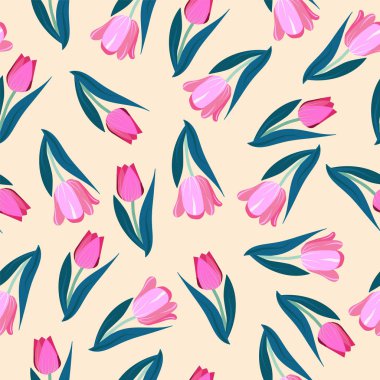 Lalelerle romantik arka plan çizilmiş. Bağbozumu desensiz laleler bahar bahçesi çiçekleri.