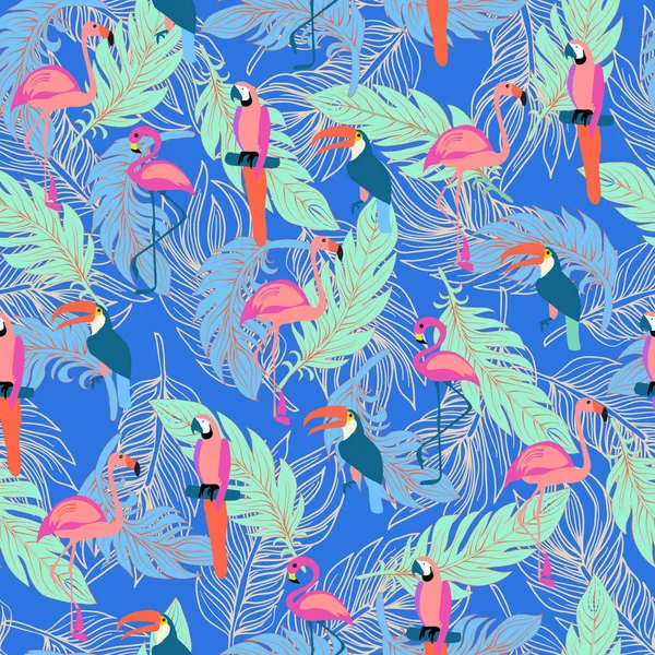 Seamless Pattern Exotic Tropical Birds Feathers Boho Style Hand Drawn — Stock Vector