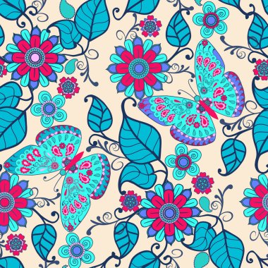 Çiçek süsü ve kelebeklerle süslü şirin bir el çizimi. Klasik, dikişsiz bahar bahçesi çiçekleri.