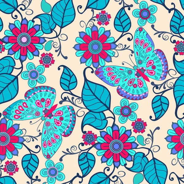 Çiçek süsü ve kelebeklerle süslü şirin bir el çizimi. Klasik, dikişsiz bahar bahçesi çiçekleri.