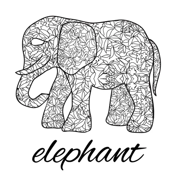 Elefant stilizat cu ornament botanic decorativ ilustrativ — Vector de stoc