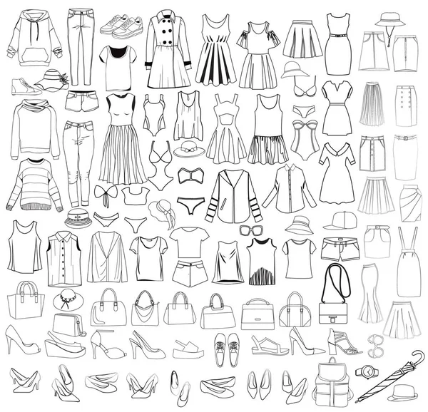 Kadın giysi ve aksesuarları simgeler elle çizilmiş büyük koleksiyonu — Stok Vektör