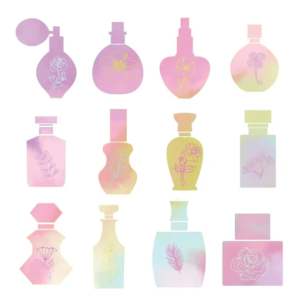 Set con cosmética vintage y frascos de perfume silueta — Vector de stock