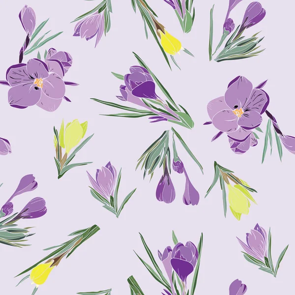 Patroon van Crocus lente bloemen collectie Violet en geel — Stockvector