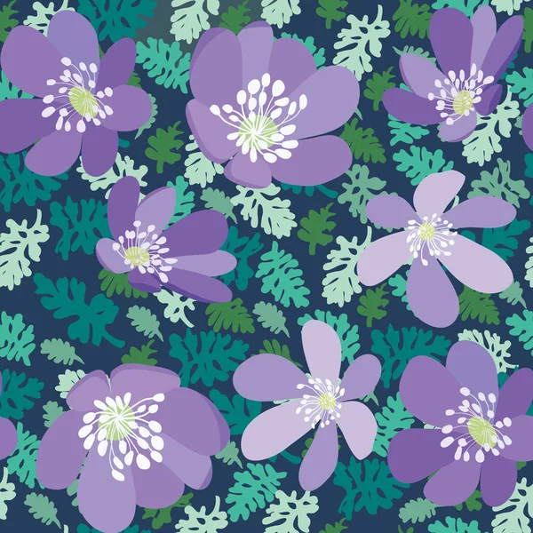 Groene bladeren en Violet bloemen naadloze patroon — Stockvector