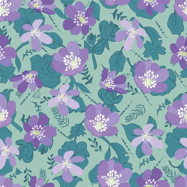 Grüne Blätter und violette Blüten nahtlose Vektor modische Kraut — Stockvektor