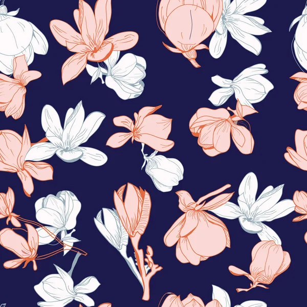 Met de hand getekend bloemen patroon van Magnolia bloemen en bladeren op Dark — Stockvector