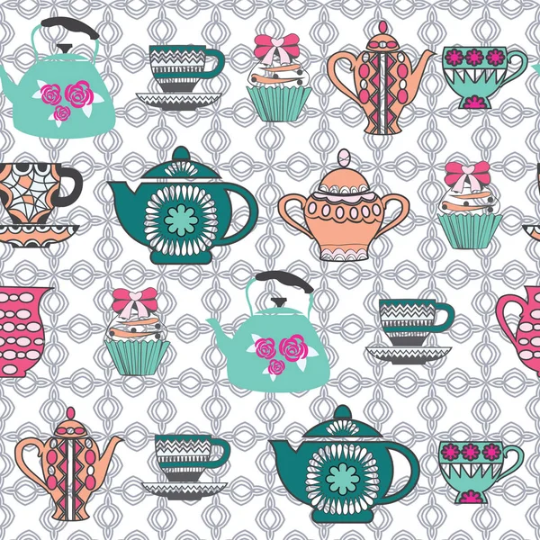 Pattern of Tea cups, pots, jars, cupcake In vintage style. — Stock Vector