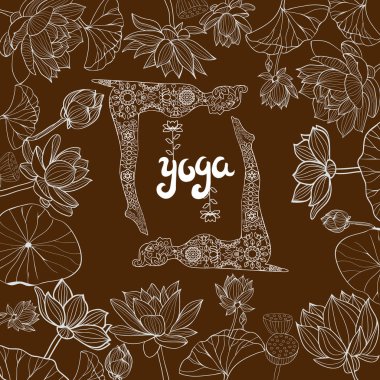 Yoga Poses ile Lotuses çiçek çiçek ve llustration çiçek çerçeve.