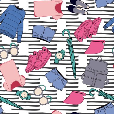  Yaz stili moda giysi ve aksesuarları stilize doodles 