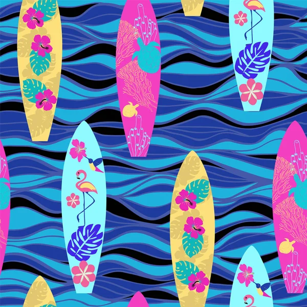 Sörf tahtaları ve dalgalar arka plan ile desen. — Stok Vektör