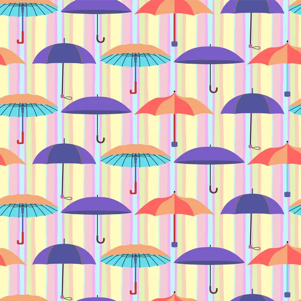 Pattern with a set of flat umbrellas Colorful with stripes backg — Stock Vector